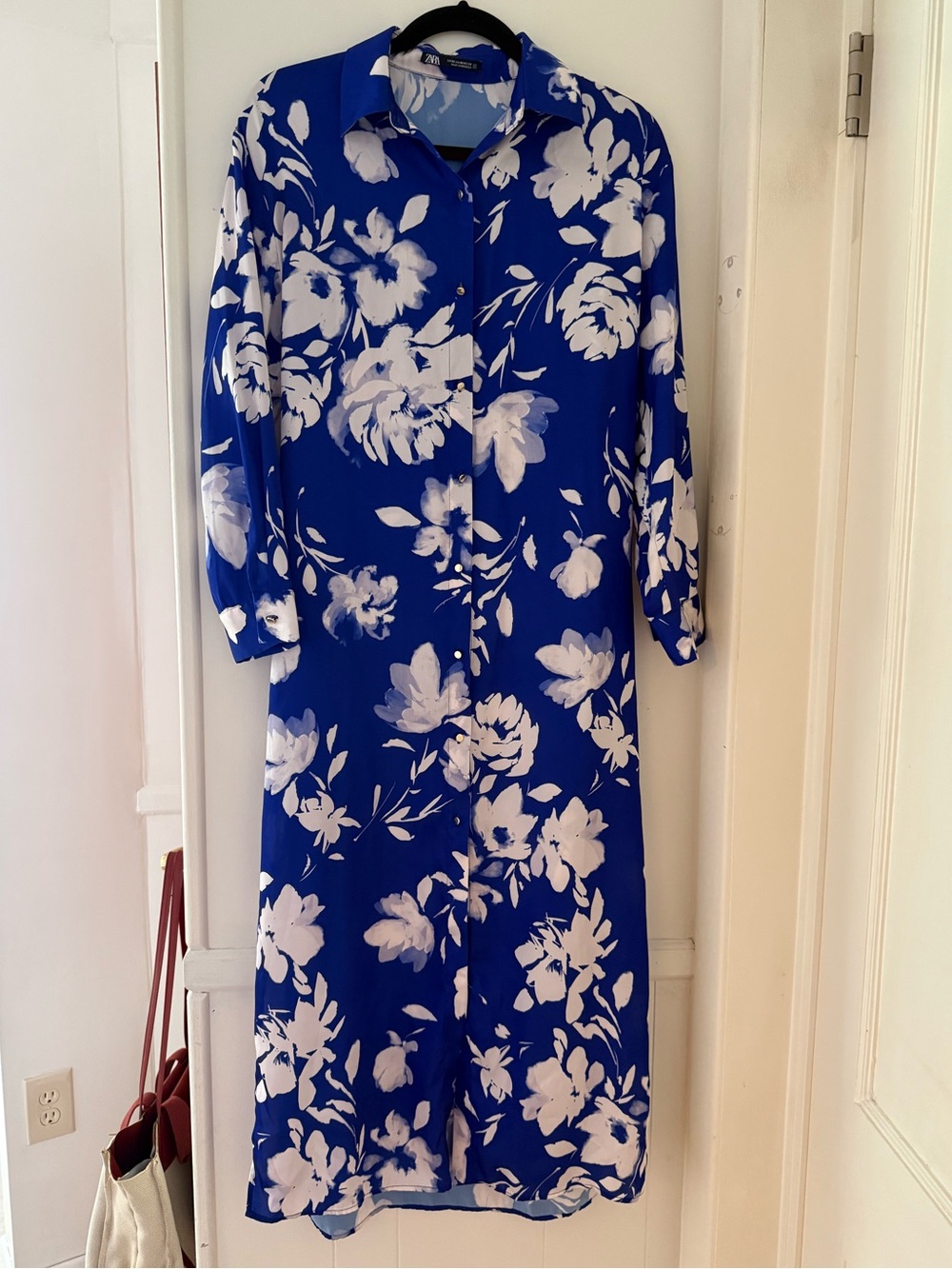 Zara Royal Blue and White Floral Maxi Dress with Tie